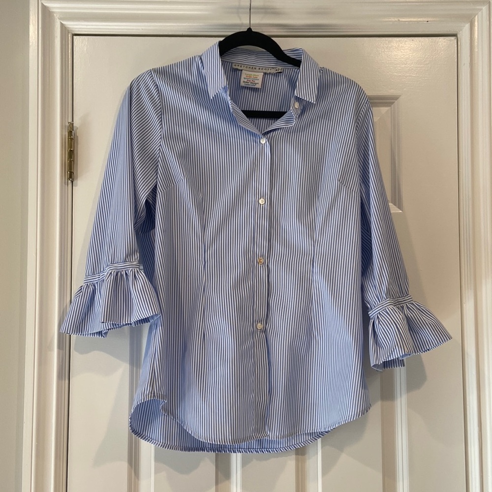Gretchen Scott Pinstripe button down with ruffled sleeves